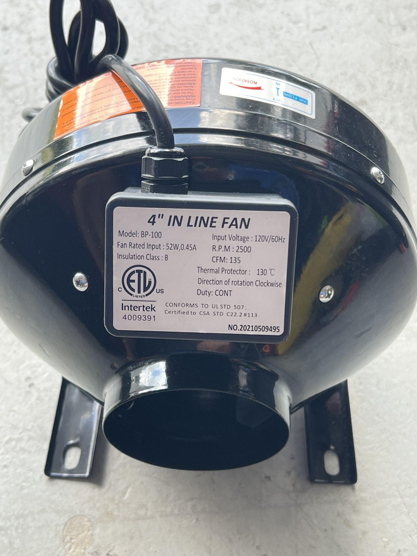 4β Inline Duct Fan β 135 CFM β Model BP-100 β Works Great
