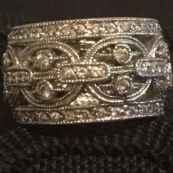 Vintage Style Wide Band Cubic Zirconia SS Ring Size 7 1/4”
