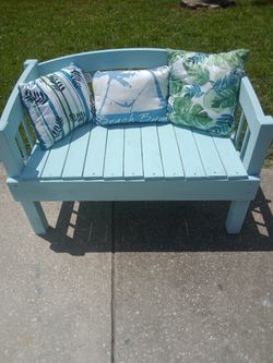 Homemade bench painted light blue