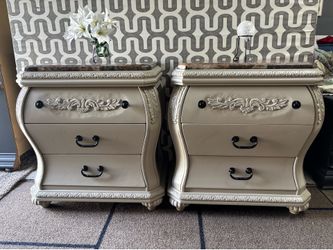 Set of 2 Cream Nightstands with Marble Tops  refinished nicely 28”w31”tall 17 1/2” deep