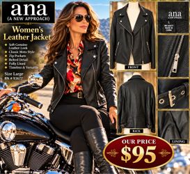 Ana Women's Black Moto Leather Jacket Size Large