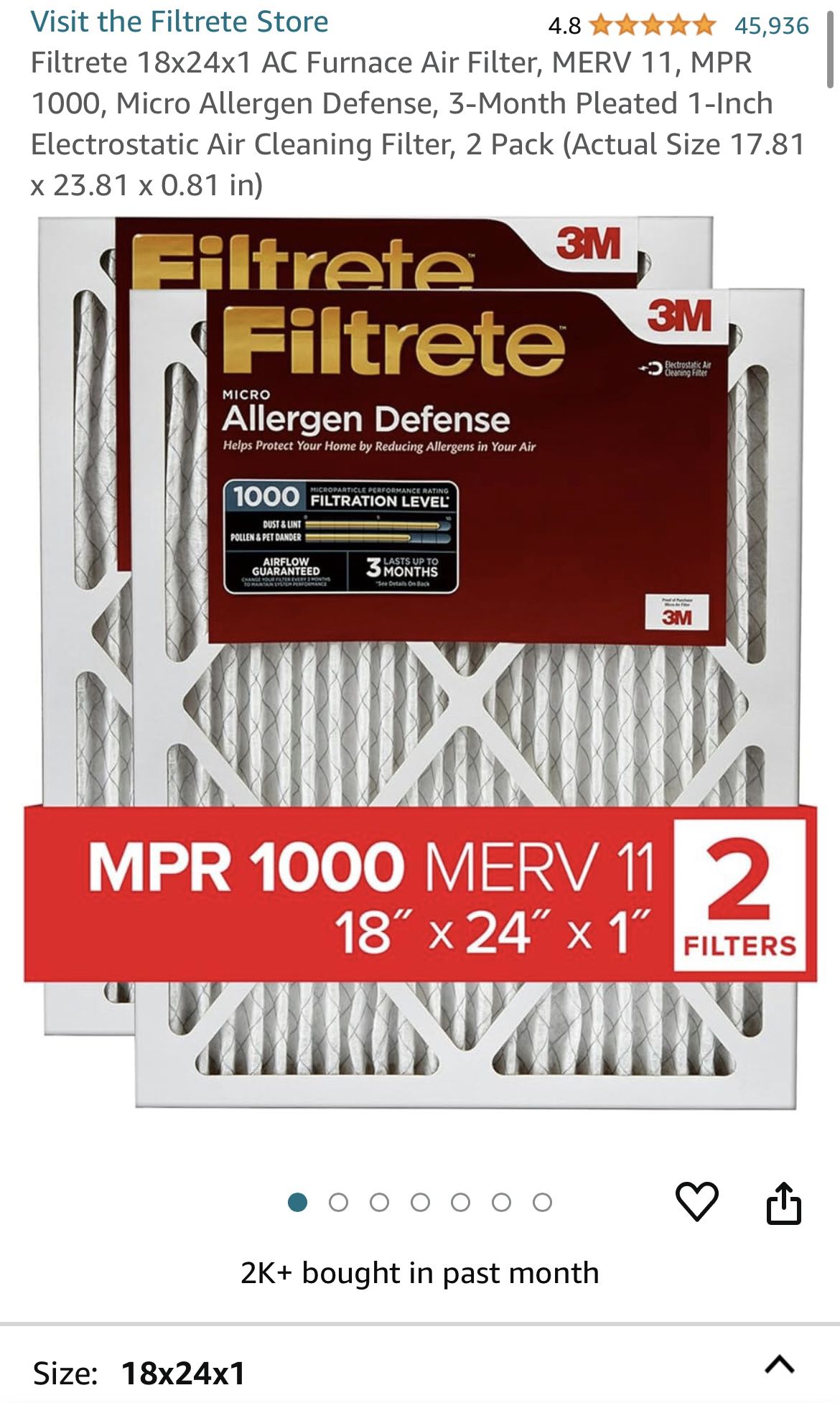 Filtrete 18x24x1 AC Furnace Air Filter, MERV 11, MPR 1000, Micro Allergen Defense, 3-Month Pleated 1-Inch Electrostatic Air Cleaning Filter, 2 Pack (A