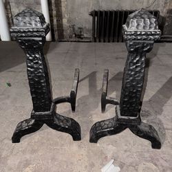 Vintage Black Forged Iron Andirons- Hammered $1,950