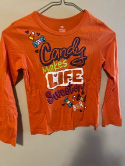 New Candy Makes Life Sweeter girls 6-6x orange Halloween top with candy design
