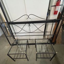 King Size Metal Bed Frame Set +2 Glass Top Side Tables