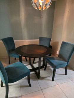 Round Dining Room Glass/Wood Table w/ 4 blue fabric chairs
