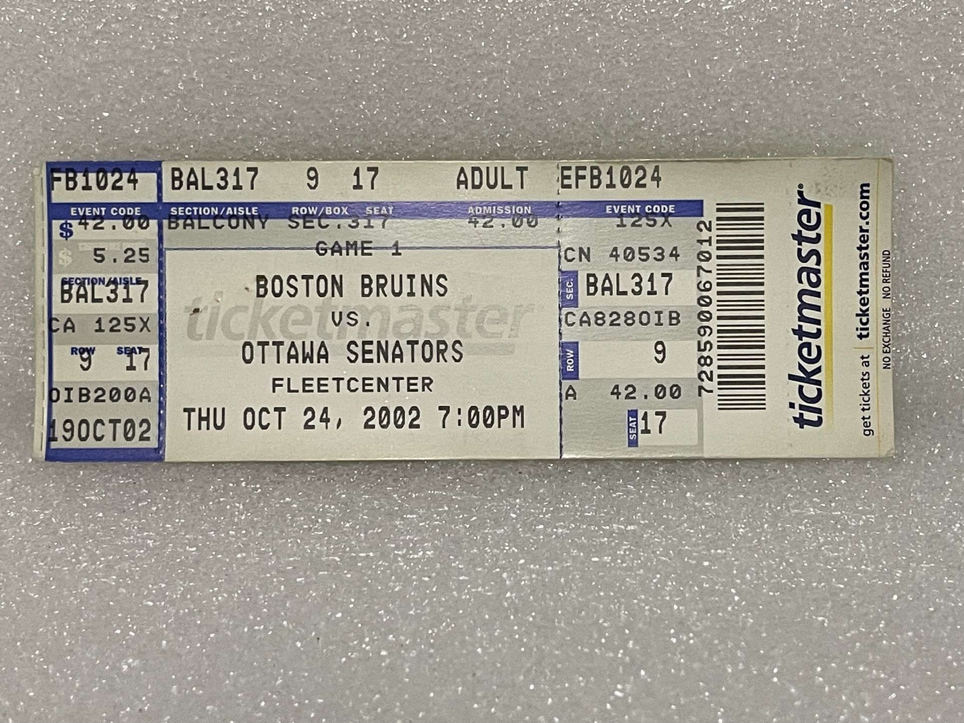 Boston Bruins vs. Ottawa Senators Unused Hockey Game Ticket 2002