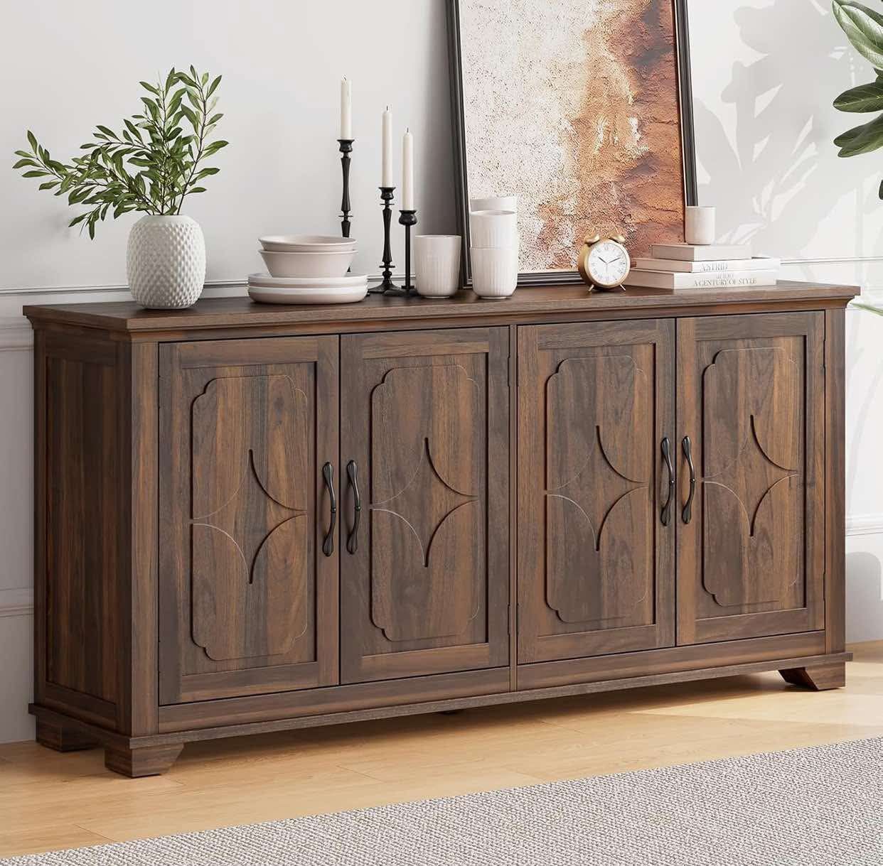 63 Inch Buffet Storage, Large Sideboard with 4 Carved Doors, Modern Credenza Storage w/Adjustable Shelves for Kitchen, B