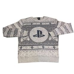PlayStation Sweater Men Medium Gray Sony Holiday Crew Neck Pullover Sweatshirt