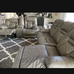 Real Leather Grey Sectional Reclining Sofa 