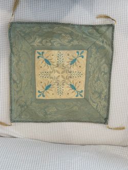Handmade Vintage Green Gold Embroidered Cushion Cover 14.5" x 14.5" Tassels