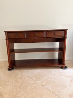 Cherry Wood Console Table with Drawers and Shelves