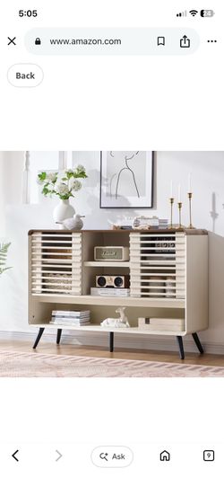 Entryway Table with Sliding Slatted Door, 46" Mid Century Modern Wood Console Table w/Adjustable & Open Storage Shelf, Sofa Table Behind Couch for Hal
