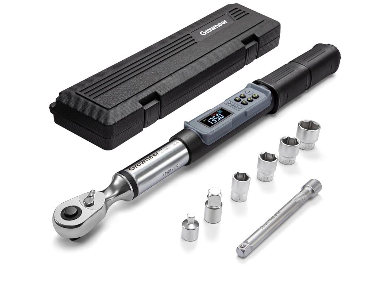 GROWNEER Digital Torque Wrench, 5-99.6 Ft-lbs/6.8-135 Nm, 3/8'' Drive Rachet Torque Wrench with Buzzer & Colorful LED Indicator, Electronic Torque Wre