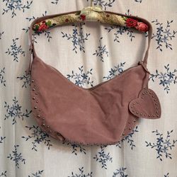 Pink Suede Studded Hobo Bag with Heart Charm