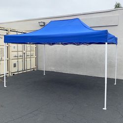 (NEW) $145 Heavy-Duty 10x15 ft Popup Canopy Tent Instant Shade with Carry Bag, White/Blue