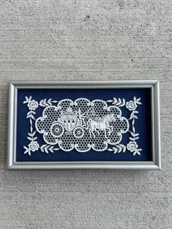 Vintage Framed Lace Embroidery – Horse & Carriage – Blue Textile Art – 7.5” Wide