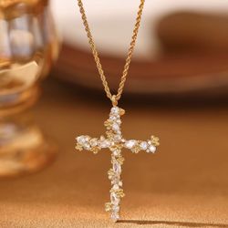 14k Gold Plated Cross Pendant Necklace, Rhinestone Cluster Rope Chain 18.1+2 in