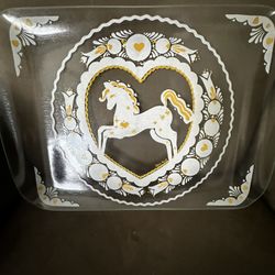 Artist Peter Hunt Large Clear Glass Serving Tray Features Horse Folk Art Motif by Peter Hunt 1950's