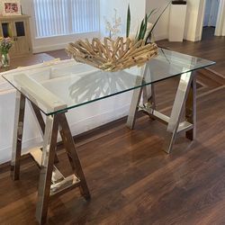 Modern Glass Top Silver Chrome Console Table