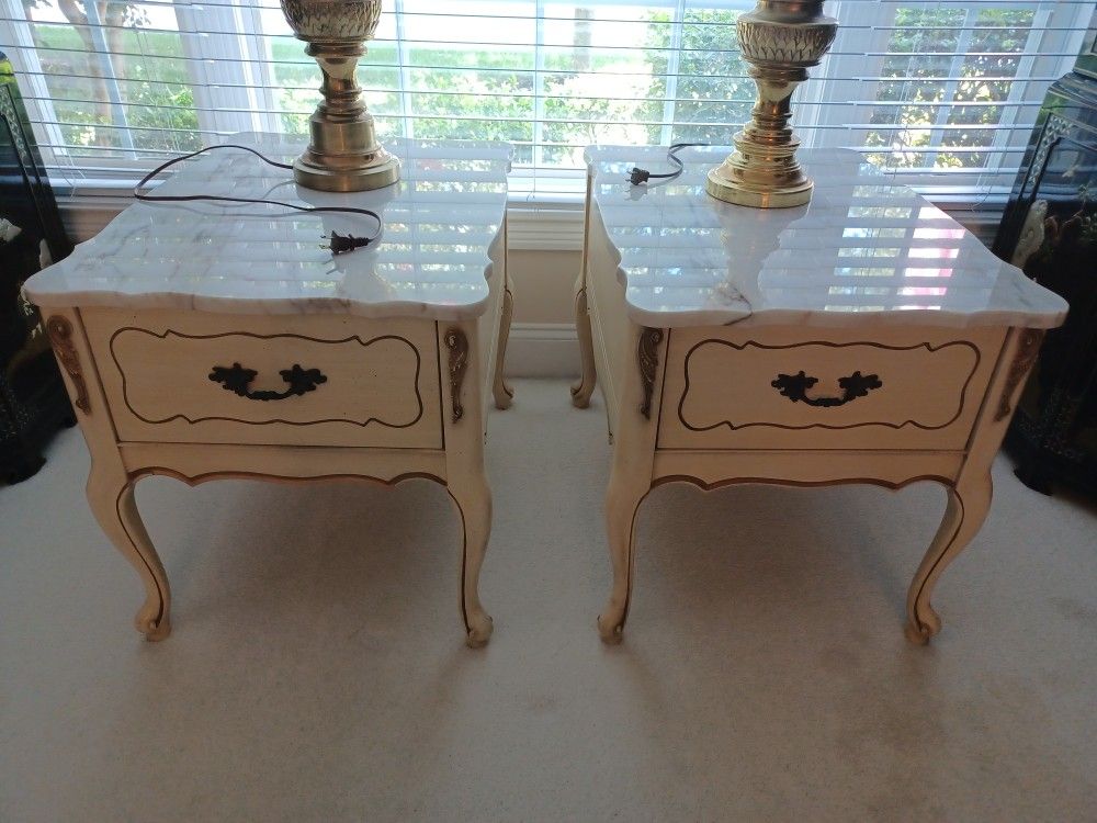2 French Provincial Cream Color Marble Top End Tables