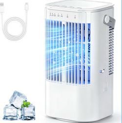 4-in-1 Mini Small Air Conditioner Evaporative Air Cooler Fan with 1000ml Water Tank 3 Speeds 7 LED Lights Personal Mini AC with Timer