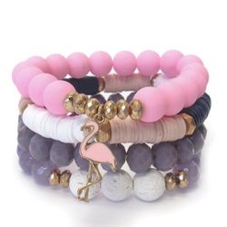 SALE* Multi Stone MIx FLAMINGO Charm Stretch Bracelet *See My Other 800 Items*