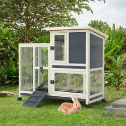 Rabbit Hutch Indoor, Water Resistant Wood Chicken Coop Outdoor with 3 Removable Tray & Running Cage & Ramp & Wheels, Gray& White