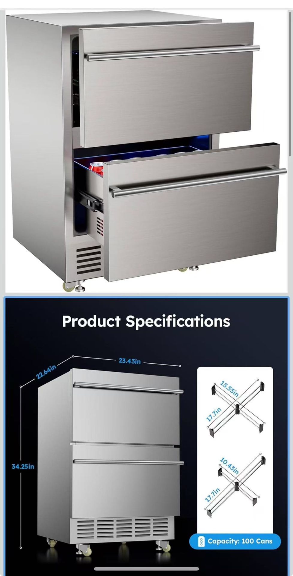 Outdoor Refrigerator for Patio, Stainless Outdoor Drawer Fridge