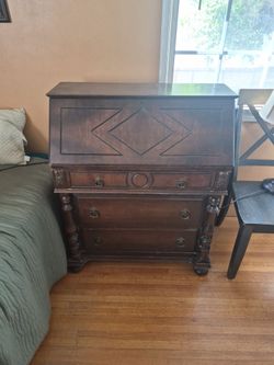Antique Dark Wood Secretary Desk with Drawers