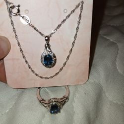 Set S925 Ring Pendant Chain Blue Topaz  