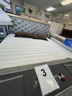 King Upholstered Bed Frame - Garage Clearance Sale - Gray Tufted Platform Bed