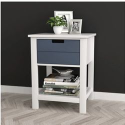 White/Grey Finish Two-Tone Modern Mid-Century Style Nightstand Side Table with Drawer and Shelf