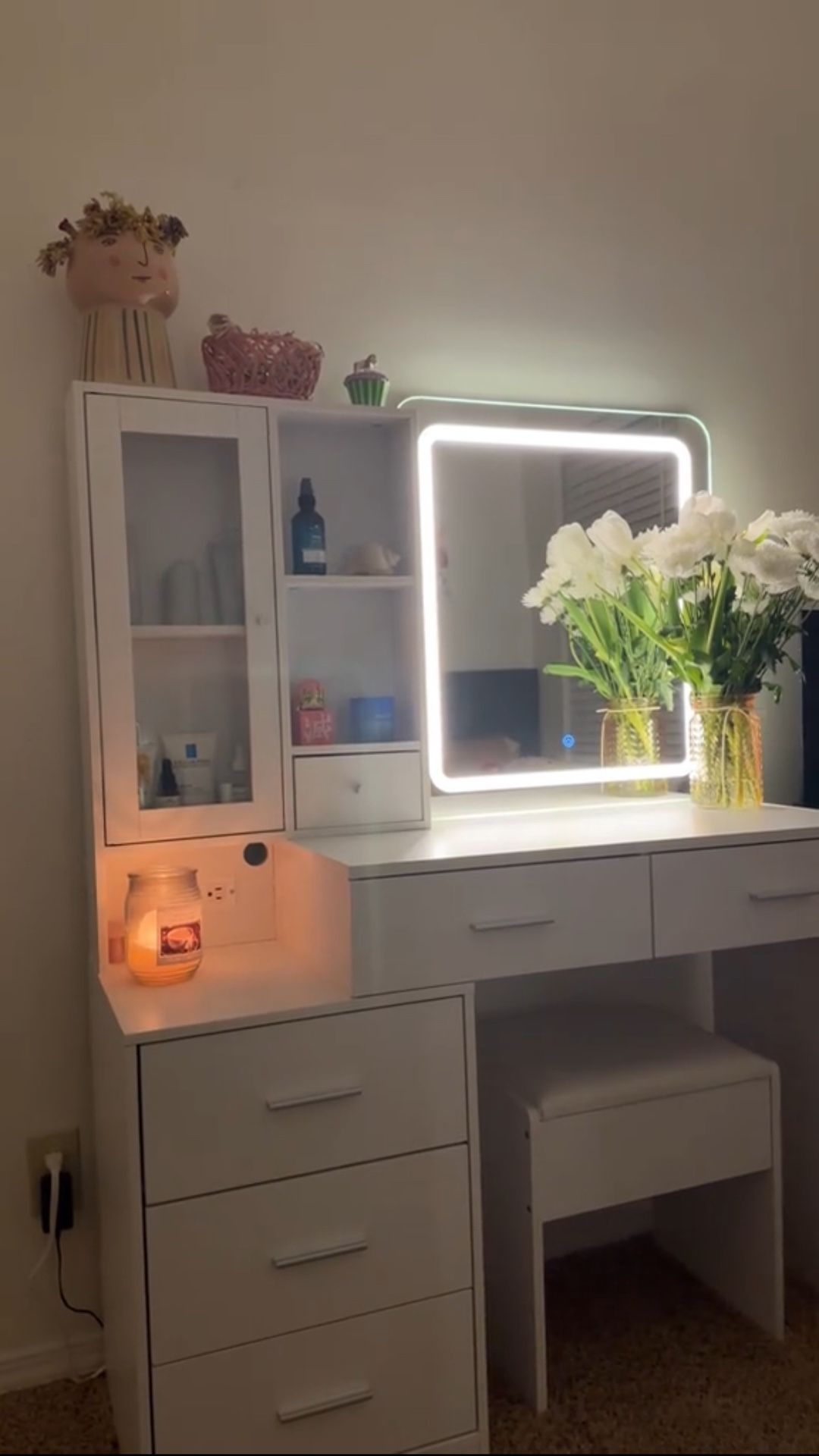 White vanity with LED mirror light, LED storage door, hooks, storage shelfs, with chair