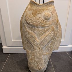 29" Koi Fish Terra Cotta Large Vase Tan/Beige Chalky Efflorescence Neutral EUC
