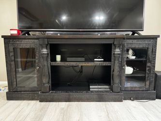 Black Wood TV Stand with Glass Cabinet Doors