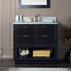 VENICE3621-NB-G+WITH TOP   enice 36"x21"x33" Solid Wood Bath Vanities Side Cabinet in Grey with Gold Trim and Engineered Stone Composite Vanity Top in