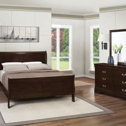 Four Piece Queen Bedroom Set With Queen Bed Frame Dresser Mirror And Night Stand On Sale  Now Don't Miss