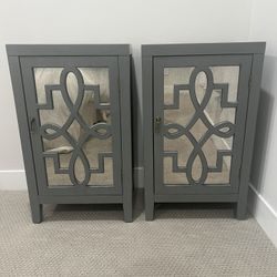 Pair of Gray Mirrored Side tables with Decorative Overlay