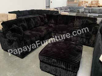 New Plush Black Sectional Sofa And Ottoman, Sectionals, Sofa, Couch, Plush Sectional, High Back Couch, Sofas, Black Sectional, Black Sofa, Black Couch