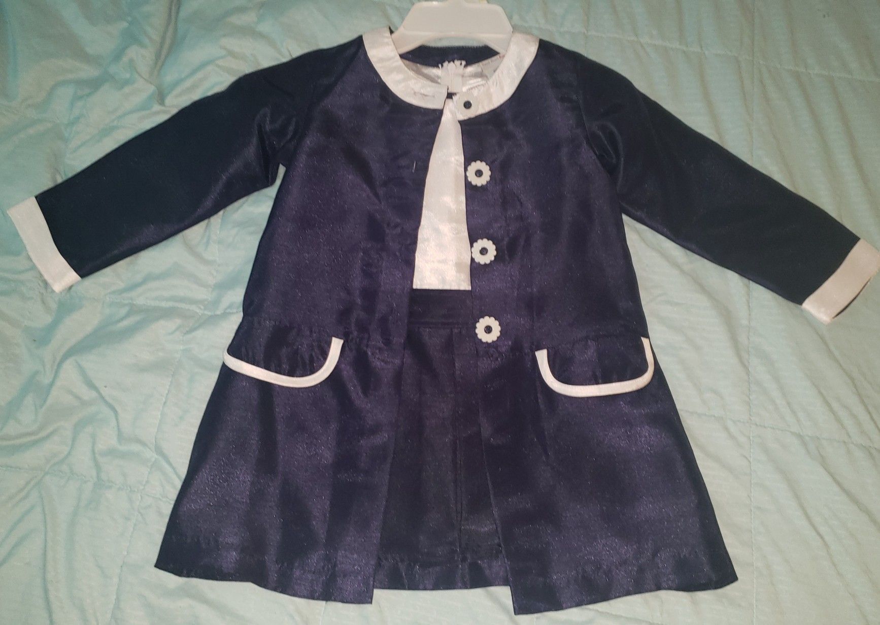 NEW SWEET HEART ROSE Girls Dress & Coat Set Outfit Party sz 4 Navy Blue White