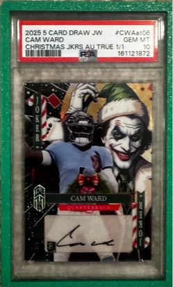 Cam Ward 2025 5 Card Draw Christmas Jokers Auto True 1/1 PSA 10