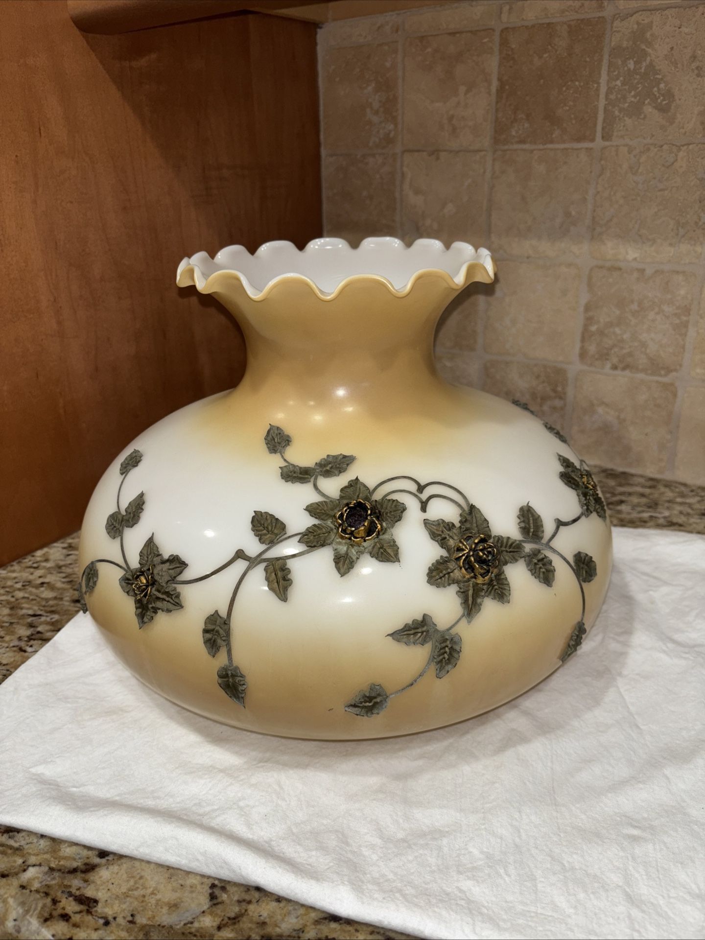 VTG Amber Milk Glass Hurricane Lamp Shade W/Gold Metal Flowers