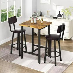 3 Pieces Bar Table Set, Bistro Kitchen Table Sets with 2 PU Leather Bar Stools, Wood Pub Bar Table S
