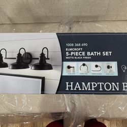 Hampton Bay Elmcroft 29 in. 3-Light Matte Black 5-Piece Bathroom Set Vanity Light with Metal Shades