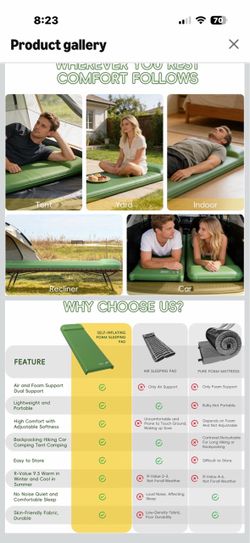 Brand New! Memory Foam Camping Sleeping Pad, Foldable and Portable Self-Inflating Camping Mattress Pad, 9.5 R-Value Insulated & Quiet Sleeping Mat wit