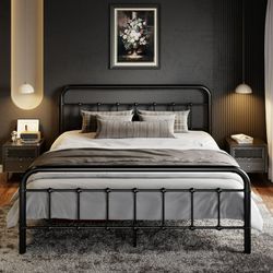 Queen Size Metal Platform Bed Frame with Victorian Vintage Headboard & Under-bed Storage, Black