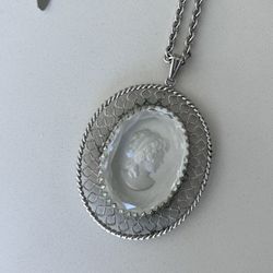 Vintage Whiting Davis Cameo Necklace Glass Intaglio Pendant Silver Tone