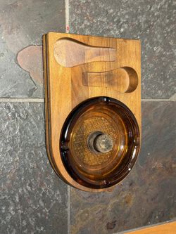Vintage Cigar Ashtray Set – Wood Stand & Amber Glass