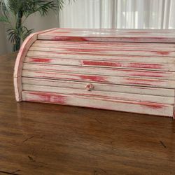 Vintage Farmhouse Roll-Top Bread Box – Distressed White & Red